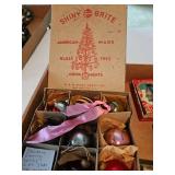 Vintage Shiny Bright ornaments, miniature Christmas tree brand ornaments