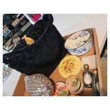 Black Chenille like purse, silver sequin first, box of powder, mirrors, small sachet bottle