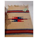 Tapestry styled throw with fringe, one small tapestry, one small wool weaving
