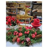 Metal reindeer candle holder, small sleigh with poinsettias, candle holder, swag