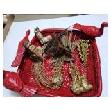Red bird Christmas basket with gold clip-on ornaments