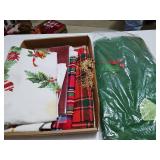 Vintage Christmas tablecloth with stains, miscellaneous Christmas tablecloths, tree skirt