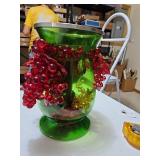 12 in tall green glass candle holder with red beads and crystals