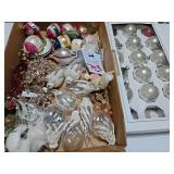 Silver ornaments, white clip-on birds, some vintage ornaments