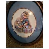 15x19 oval framed needlepoint of toddler with dolls