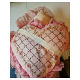 Pink organza covered embroidered heart pillow, multi-colored organza diamond shaped pillow