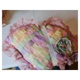 Pink organza covered embroidered heart pillow, multi-colored organza diamond shaped pillow