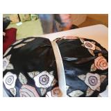 Black applique floral satin pillow, pink lace covered pillow