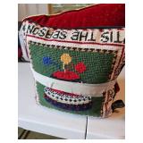 Red joy and green stocking cap needlepoint Christmas pillows
