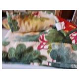 Antique curtain fabric backed, hand tied polyester quilt, 84 and a half by 68
