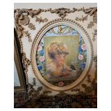 23x27 framed print of young girl and bird, very ornate wooden frame