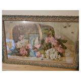 27x16 antique framed print of basket of flowers