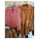 Ladies size medium pink fancy jacket with fringe, brown two-piece skirt and jacket set
