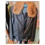 Two-piece denim skirt and jacket with fur collar trim ladies size large