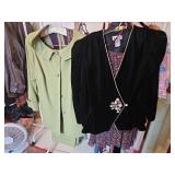 Three-piece green ladies pant suit with jacket and shirt, two piece very fancy Black Velvet with beaded skirt size 10