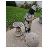 Concrete girl statue with dog and umbrella, has a few issues