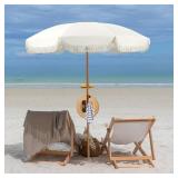 6.5ft Patio Umbrella with Fringe, Beach Umbrella, Fringe Umbrella Outdoor Patio with Hanging Hook, Tilting Aluminum Pole, UV 50+, Fiberglass Ribs, Elegant Cream
