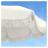 6.5ft Patio Umbrella with Fringe, Beach Umbrella, Fringe Umbrella Outdoor Patio with Hanging Hook, Tilting Aluminum Pole, UV 50+, Fiberglass Ribs, Elegant Cream