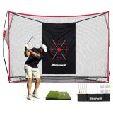 Golf Net, 10x7ft Heavy Duty Golf Practice Nets with Mat, Target Cloth, 8 Tees, 6 Balls, Carry Bag for Backyard Driving Chipping Indoor Outdoor Training