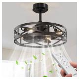 20" Fandelier Ceiling Fan with Light, Caged Bladeless Ceiling Fans with Remote, Farmhouse Downrod Mount Fan for Bedroom, Kitchen, Living Room, Black