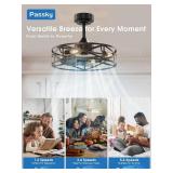 20" Fandelier Ceiling Fan with Light, Caged Bladeless Ceiling Fans with Remote, Farmhouse Downrod Mount Fan for Bedroom, Kitchen, Living Room, Black