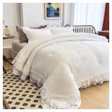 AIKASY White Comforters King Size Set, Vintage Boho Chic Farmhouse Bedding Sets Shabby Ruffle Queen Bed Comforter Bedding 3PCS 1 Comforter and 2 Pillowcases
