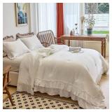 AIKASY White Comforters King Size Set, Vintage Boho Chic Farmhouse Bedding Sets Shabby Ruffle Queen Bed Comforter Bedding 3PCS 1 Comforter and 2 Pillowcases