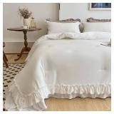 AIKASY White Comforters King Size Set, Vintage Boho Chic Farmhouse Bedding Sets Shabby Ruffle Queen Bed Comforter Bedding 3PCS 1 Comforter and 2 Pillowcases
