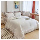 AIKASY White Comforters King Size Set, Vintage Boho Chic Farmhouse Bedding Sets Shabby Ruffle Queen Bed Comforter Bedding 3PCS 1 Comforter and 2 Pillowcases