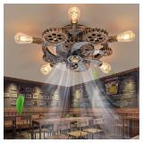 Retails for $142! 20" Retro Industrial Steampunk Ceiling Fans with Lights and Remote,Low Profile Flush Mount Bladeless Ceiling Fan with Light,Nautical Style 6 Speeds for Bedroom Kitchen Island Bar Caf