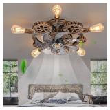 Retails for $142! 20" Retro Industrial Steampunk Ceiling Fans with Lights and Remote,Low Profile Flush Mount Bladeless Ceiling Fan with Light,Nautical Style 6 Speeds for Bedroom Kitchen Island Bar Caf