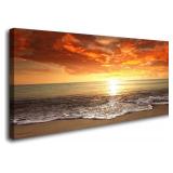 Retails for $149! S0162 Canvas Prints Wall Art Sunset Ocean Beach Pictures Photo Paintings for Living Room Bedroom Home Decorations Stretched and Framed Seascape Waves Landscape Giclee Artwork 30x60in