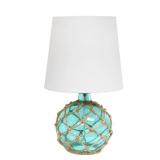 2 Pack 15.25 in. 1-Light Aqua Buoy Rope Nautical Netted Coastal Ocean Sea Glass Table Lamp with White Fabric Shade