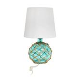 2 Pack 15.25 in. 1-Light Aqua Buoy Rope Nautical Netted Coastal Ocean Sea Glass Table Lamp with White Fabric Shade