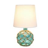 2 Pack 15.25 in. 1-Light Aqua Buoy Rope Nautical Netted Coastal Ocean Sea Glass Table Lamp with White Fabric Shade