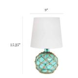 2 Pack 15.25 in. 1-Light Aqua Buoy Rope Nautical Netted Coastal Ocean Sea Glass Table Lamp with White Fabric Shade
