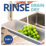 BLUE GINKGO Over the Sink Colander Strainer Basket - Wash Vegetables and Fruits, Drain Cooked Pasta and Dry Dishes - Extendable - New Home Kitchen Essentials (7.9W x 14-19L x 2.75H) - Gray
