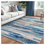 Modern Abstract 5x7 Machine Washable Area Rug Non-Slip Soft Bedroom Living Romm Rug Blue Ultra Thin Print Faux Wool Floor Carpet Throw Rugs for Nursery Playroom Dining Room Indoor Office
