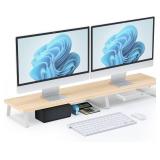 Large Dual Monitor Stand Riser - Monitor Stand for 2 Monitors, Wooden Computer Stand For Desk with Metal Legs, Desk Organizers and Storage With Drawer, Desk Shelf for Computer/Laptop/Printer/TV, Oak