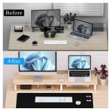 Large Dual Monitor Stand Riser - Monitor Stand for 2 Monitors, Wooden Computer Stand For Desk with Metal Legs, Desk Organizers and Storage With Drawer, Desk Shelf for Computer/Laptop/Printer/TV, Oak