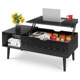 OLIXIS Wood Lift Top Coffee Table with Hidden Compartment and Large Storage Shelf, Lift Tabletop Dining Center Table for Home Living Room Office, Black