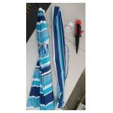 Striped Blue Beach Umbrella with Stand - Retail: $89