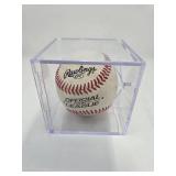 Signed Bob Feller Baseball in Acrylic Baseball Holder