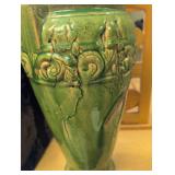 Decorative Green Glazed Ceramic Vase with Floral Relief