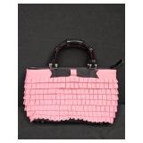 Pink Ruffled Handbag with Bamboo Handle