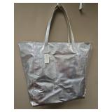 Metallic Silver Tote Bag with Neon Green Interior