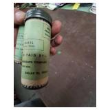 cylindrical container, likely vintage, with text for a "BUSINESS REPLY MAIL" and "NATIONAL LIFE INSURANCE" from "REPUBLIC NATIONAL LIFE" in Dallas.
