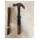 Vintage Claw Hammer with Wooden Handle and chisel