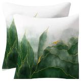 Ombre Forest Green Pillow Covers Dark Green Marble Decor Emerald Green Golden Throw Pillows Leaves Outdoor Farmhouse Decorative Cushion for Couch Bed Sofa,Velvet,18 x 18inch
