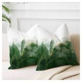 Ombre Forest Green Pillow Covers Dark Green Marble Decor Emerald Green Golden Throw Pillows Leaves Outdoor Farmhouse Decorative Cushion for Couch Bed Sofa,Velvet,18 x 18inch